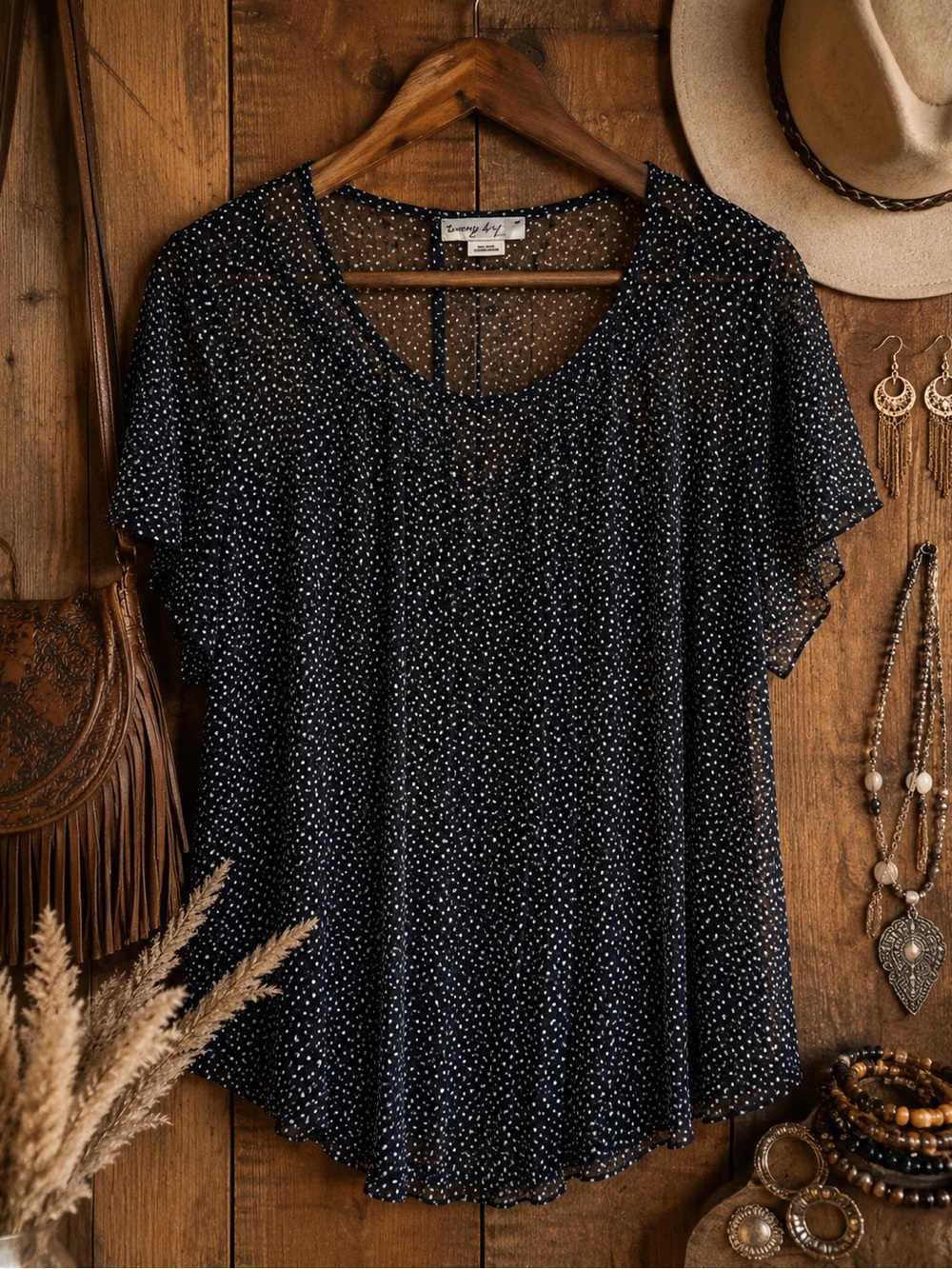 Penningtons In Every Story 3X Sheer Polka Dot Tie-Back Blouse| Black & White